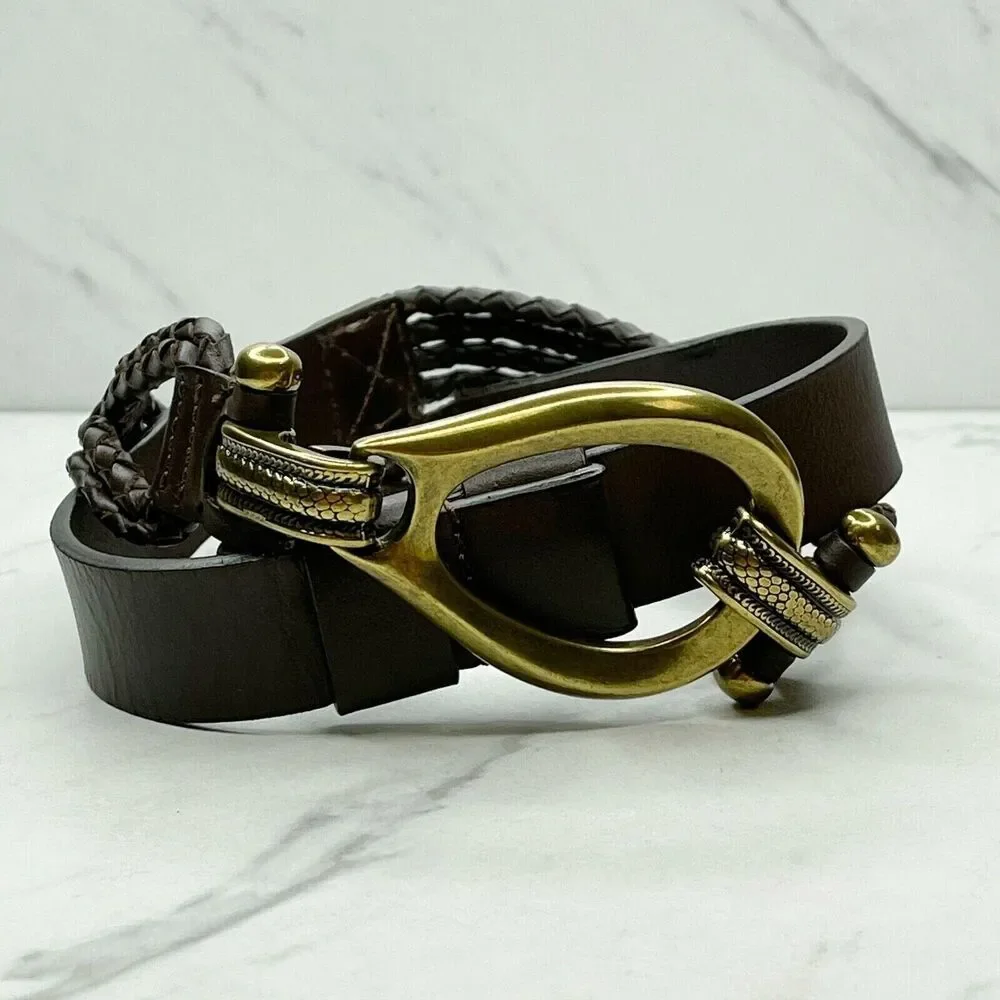 Brown Faux Leather Hook Buckle Belt Gold Tone Hardware Small (S) Womens ✨